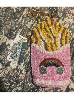 Women's Unbranded Pink Yellow Beaded French Fry Crossbody Bag One Size